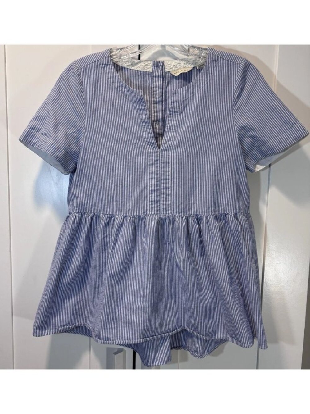 11.1.TYLHO 100% Cotton Anthropologie Blouse Short-Sleeve Blue White Stripe XS